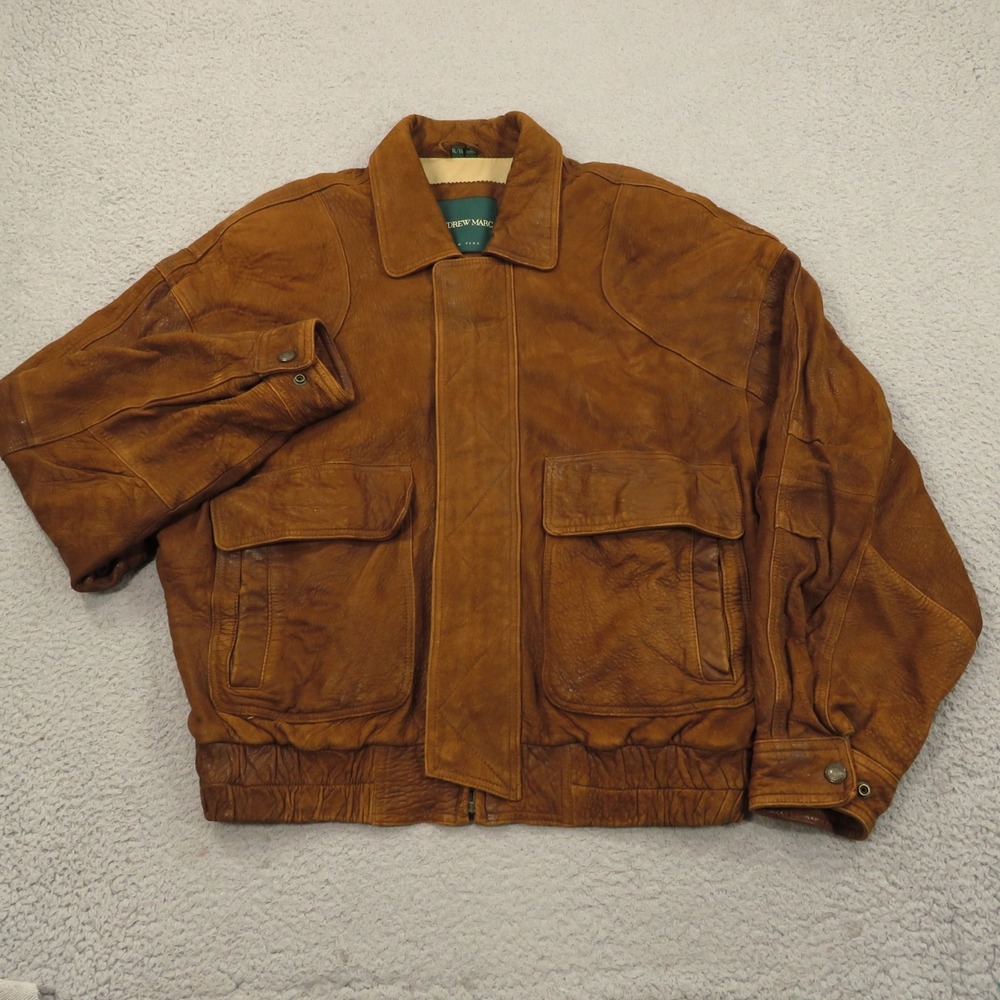VTG Andrew Marc Jacket Men XL Brown Aviator Leather Bomber Heavy Lined Moto Bike